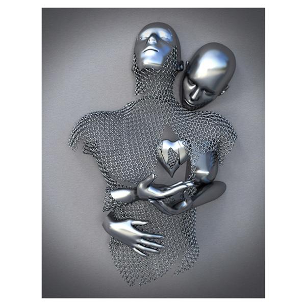 Kärleks hjärta 3D-effekt väggkonst abstrakt metallsculptur modern canvasmålning väggdekor 30*40cm grå
