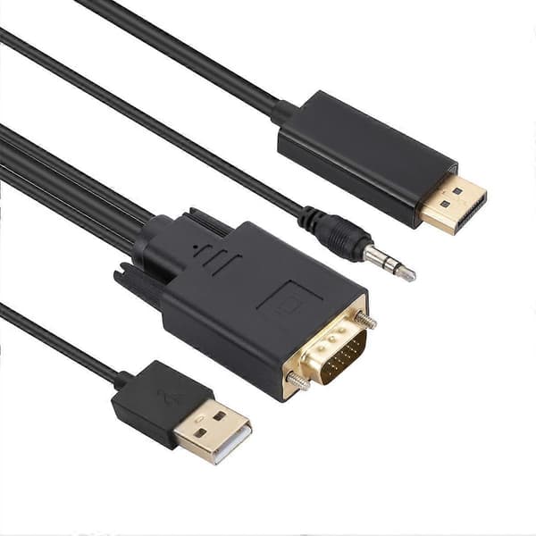 VGA til DisplayPort Adapterkabel med Audio Band Strømforsyning, Lengde: 1.8m