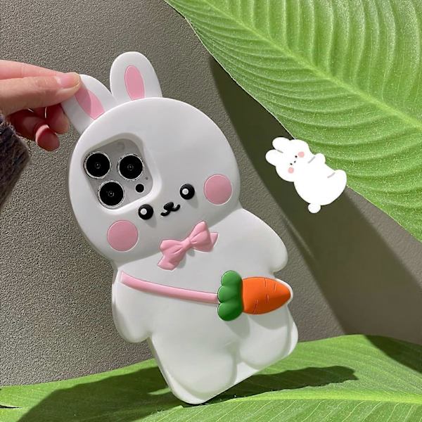 Kawaii-puhelimen kuoret iPhone 13 Pro Maxille, söpö 3D-piirretty pupu puhelimen suojus pehmeä silikoninen hauska valkoinen pupu porkkana-laukku kotelo