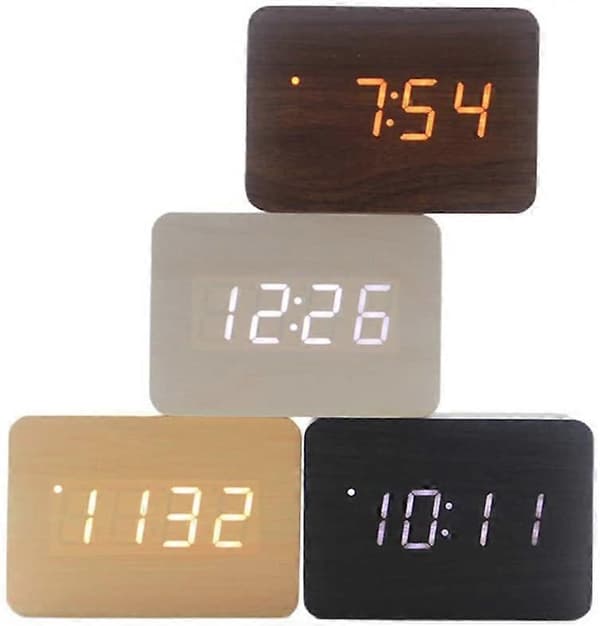 Trä LED Digital Väckarklocka Liten Stående Klocka med Datum Temperaturvisning