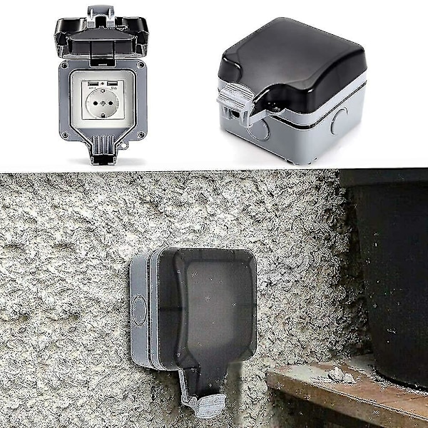 Ulkokäyttöön tarkoitettu kaksoispistorasia USB-liitännällä, vedenpitävä, kestävä, sähköpistorasia seinäkotelolla (yksittäinen) TY