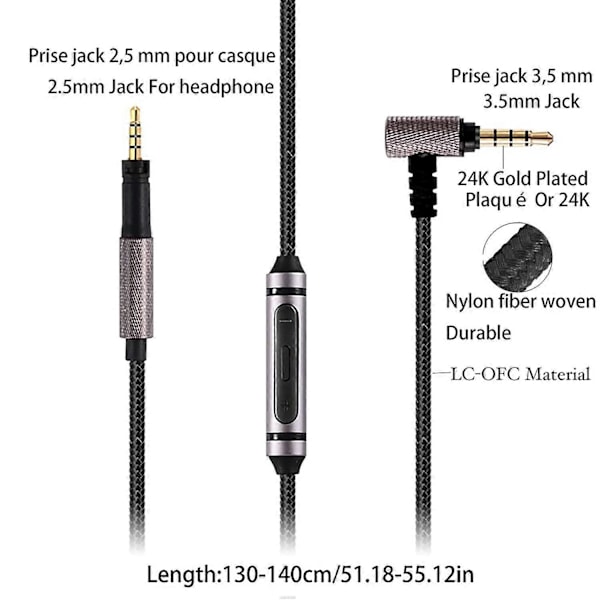 Sennheiser Momentum -kuulokkeiden korvaava äänikaapeli, punottu kaapeli mikrofonilla, 3,5 mm - 2,5 mm