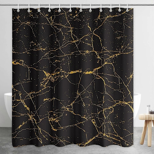 Marmor Bruseforhæng til Badeværelse, Moderne Sort og Guld Bruseforhæng, Vandtæt Stof Badeforhængssæt med 12 Kroge, 183 x 183 cm