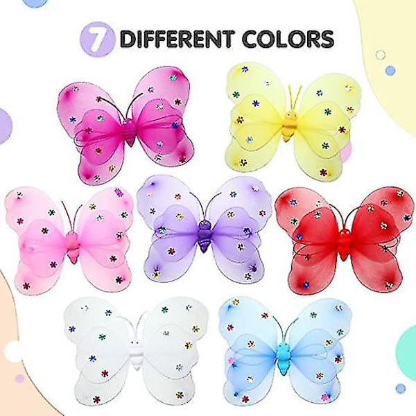 Pige Butterfly Fairy Vinger Sæt - 7 Sæt Med Tryllestave Og Pandebånd Til Fødselsdagsfest - Aldre 2 Til 12 - 7 Farver