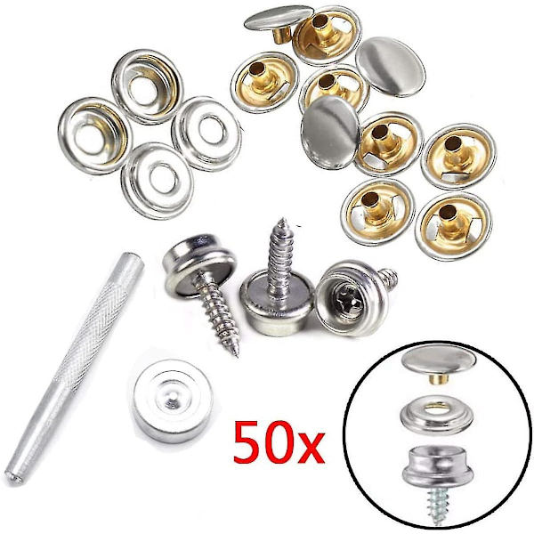 Pakke med 50 skrubare trykknapper i rustfritt stål, 58 tommer, for presenning, telt, båt, camping, bil, bimini, sy, Free-Yvan