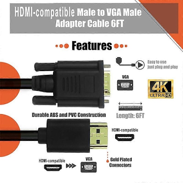 1080P HDMI-kompatibel till VGA Kabel Adapter Anslutning Hög Klarhet TV PC Skärm Video Tillbehör KAESI