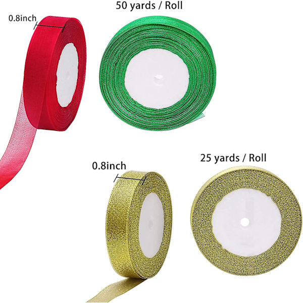 4 Ruller 4/5 Tommer Bredde Julemetallisk Glitter Organza Bånd Guld, Sølv, Rød, Grøn Bånd Til Gaveindpakning, Juletræsrumsdekoration