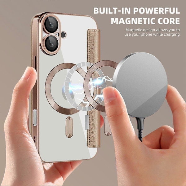 Til iPhone 16 Plus Cover Kompatibel med MagSafe RFID-Blokerende Læder Telefon Cover - Guld