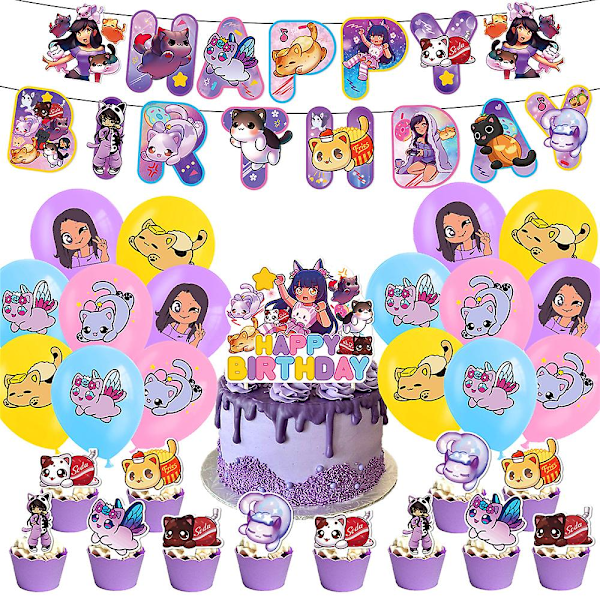 Aphmau Plushie Bursdagsdekorasjoner Tegneserie Søt Tematisk Kake Topper Banner Ballonger Sett