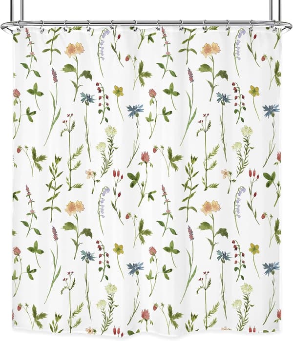 Växtduschdraperier - badrum - mått 180 bredd x 180 cm hög - akvarell vildblomma duschdraperier - med blommor - blad
