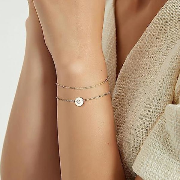 Gull Initial Armbånd F03or Kvinner Jenter, Sjarmerende 14k Gull F03ylt Lagdelt Perlet Brev Initial Armbånd Personlig 26 Alfabet Skive Monogram Charm