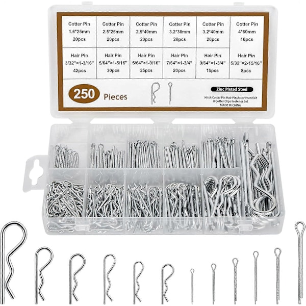 Splintstiftset 250 stycken, Splintstift, Olika Galvaniserade R-Splintstift Fästningsspringar för Bilar, Mekaniker, Garage, Kraftmaskiner, etc.
