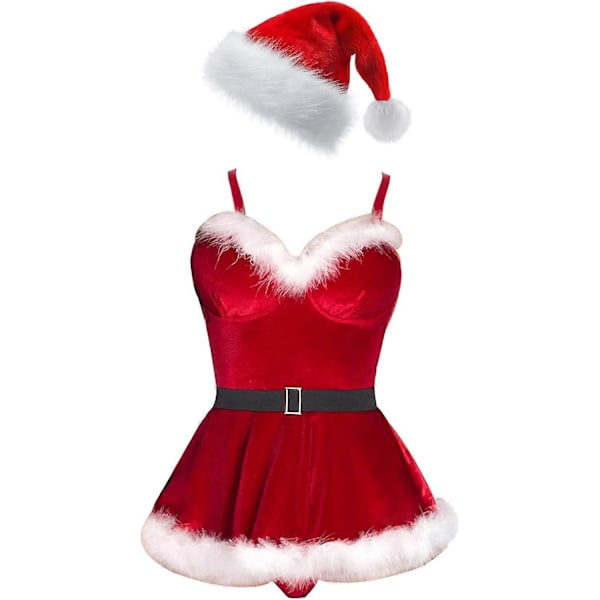 Sexig Julunderkläder för Kvinnor Santa Babydoll Chemise Röd Kostym med 4 delar