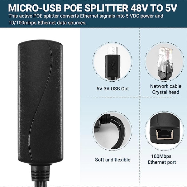 Micro-USB POE Splitter 48V til 5V2A/3A Mini USB Strømforsyning Nasjonal Standard med Smarttelefonlading