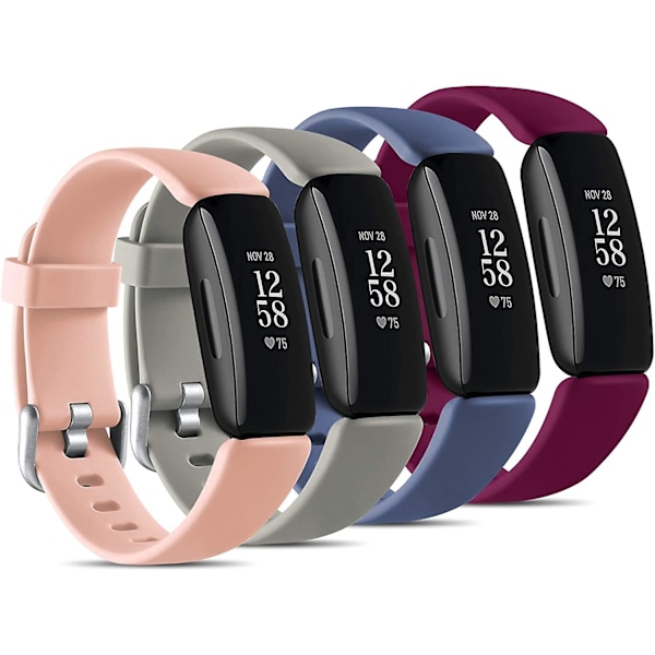 4 kpl Vaihtohihnoja Yhteensopiva Fitbit Inspire 2:n kanssa, Säädettävät Tarvikkeet Pehmeä Silikoninen Urheiluranneke Naisille ja Miehille, Sininen Harmaa/Vaaleanpunainen/Harmaa/Fuksia
