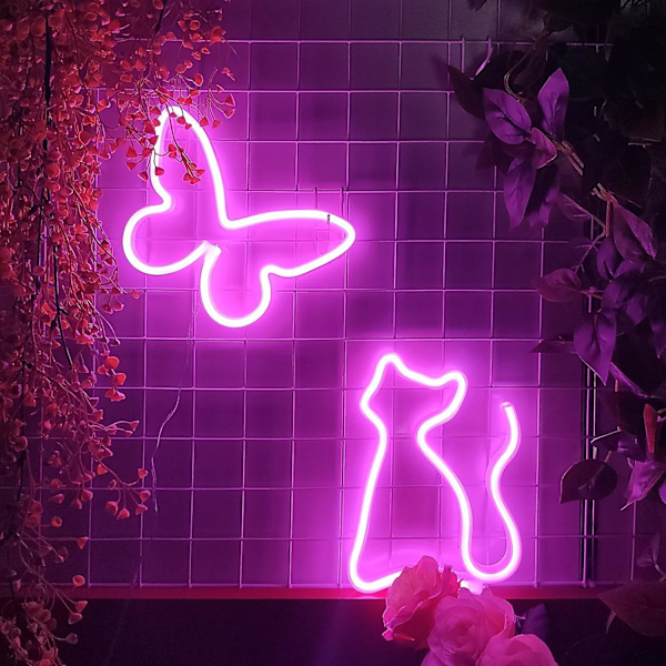 Kissankokoinen Neon-kyltti, USB- tai 3-AA-paristokäyttöinen Neonvalo, LED-valot Pöytäkoristeeksi, Tyttöjen Makuuhuoneen Seinäkoristeeksi, Lasten Syntymäpäivälahjaksi (Vaaleanpunainen)
