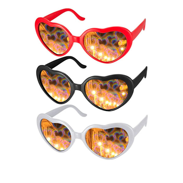 3 Pak Hjerte Effekt Diffraktionsbriller, Hjerte Special Effekt Briller, 3D Hjerte Lys Solbriller