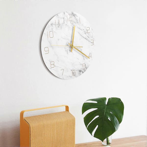 Quartz Analog Tyst Marmor Väggklocka 3D Chic Vit Marmortryck Modern Rund Väggklocka Nordisk Crea