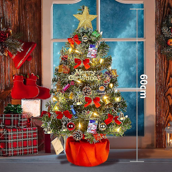Julgran 60 cm, Konstgjord Julgran, Mini Julgran med Ljusslinga och Dekorationer