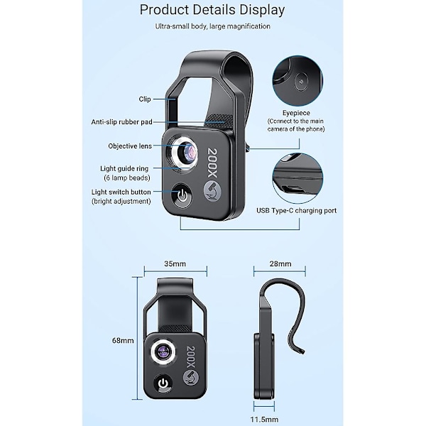 APEXEL 200X Forstørringsmikroskoplinse med CPL Mobil LED-lys Mini Lomme Makrolinser for iPhone Alle Smarttelefoner svart