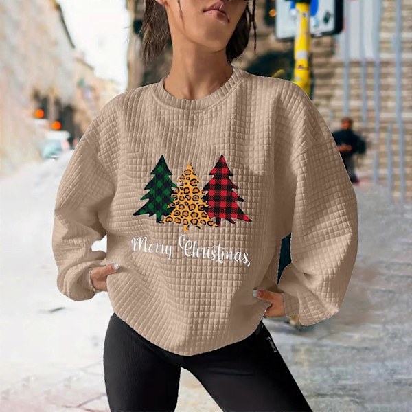 Julkläder för kvinnor, avslappnade damer, tryckta, lösa, långärmade, runda halslinningar, blusar, toppar, huvfria tröjor