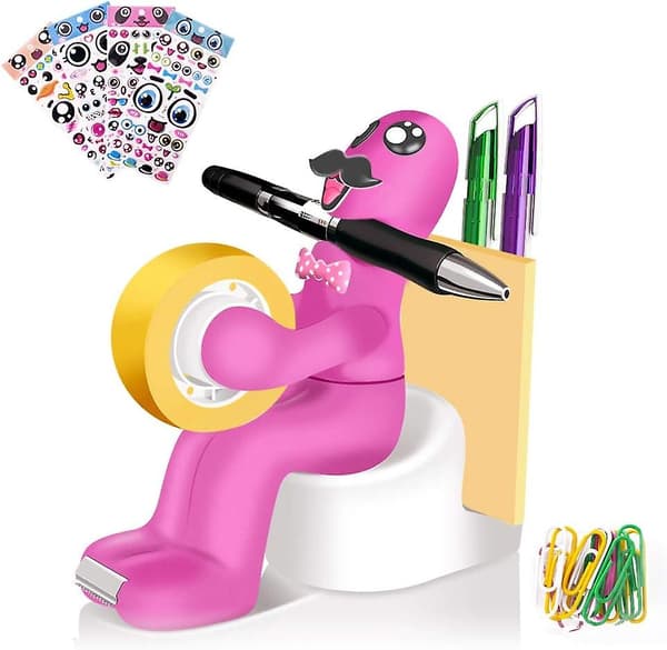 Kontortilbehør med teipdispenser, binders, post-it-lapper, skrivebordsorganisator