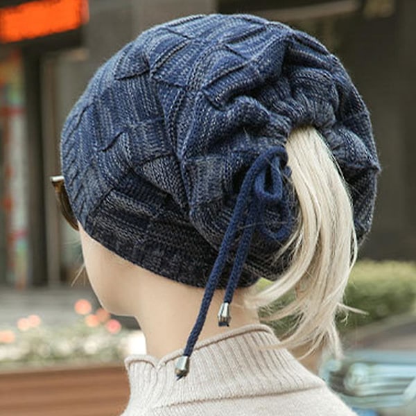 Män Slouch Beanie Bun Hästsvans Mössa Hals Snoop Tube Scarf Vinter Varma Baggy Stickad Mössa