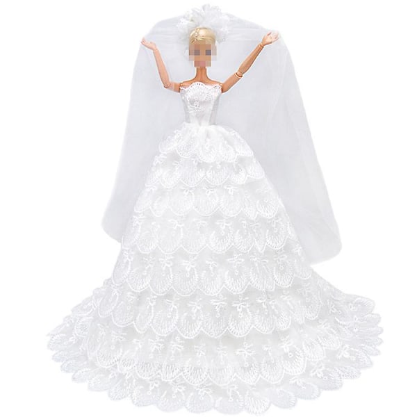 2 st 30 cm Barbie Kläder Dockor Lyxig Mode Nio Lager Bröllopsklänning (Vit+Rosa)