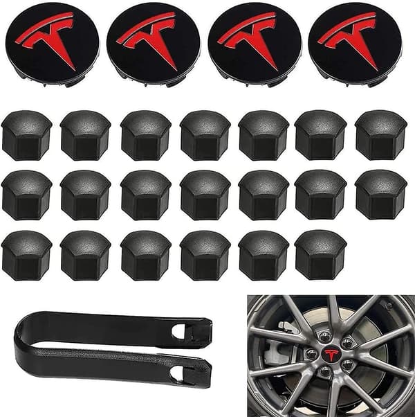 Aero Hjulkapslar och Hjulmutterkåpa Kit med Tesla Logotyp för Model 3, Model Y (röd)