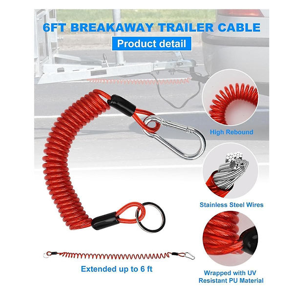 2 stk. 6FT Breakaway Trailer Kabel, Trailer Breakaway Sikkerhedskabel Fjeder Trækkabel Spolen Tråd til RV Trailer Campingvogne