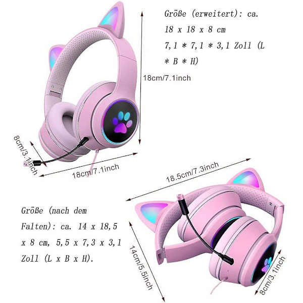 Bekväma spelheadset hopfällbara kattöronhörlurar med RGB LED-ljus stereoljudhörlurar med mikrofon USB 3,5 mm trådbundna over-ear spelheadset för