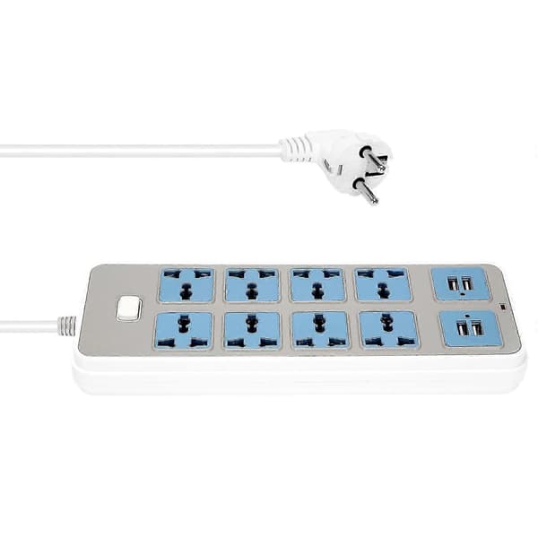 Grenuttak med 4 USB-uttak, 3000W effekt, 8 universelle uttak, 2 meter strømledning, EU-plugg
