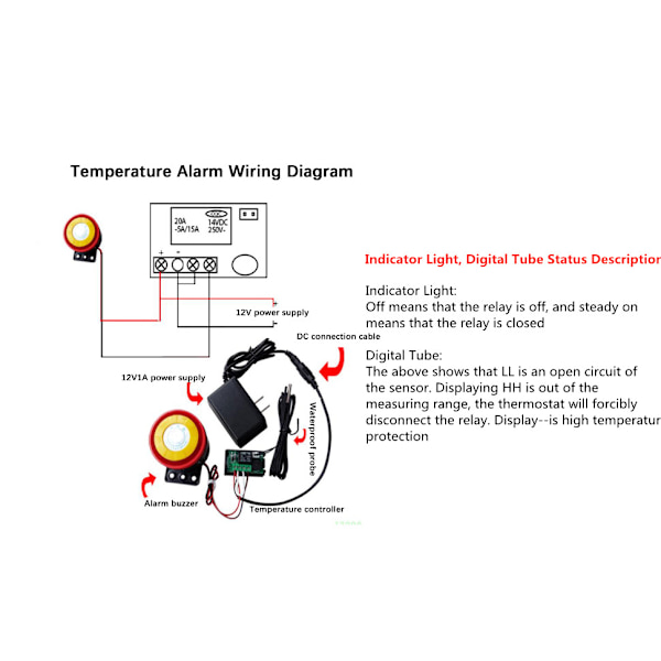 DC 12V Digital Termostat All-Purpose Digital Temperaturregulator med Sensor, Temperaturmålingsområde: - 50℃~110℃