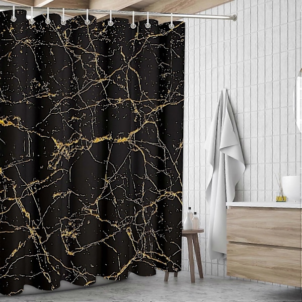 Marmor Duschdraperi för Badrum, Modernt Svart och Guld Duschdraperi, Vattentätt Tyg Badrumsdraperi Set med 12 Krokar, 183 x 183 cm