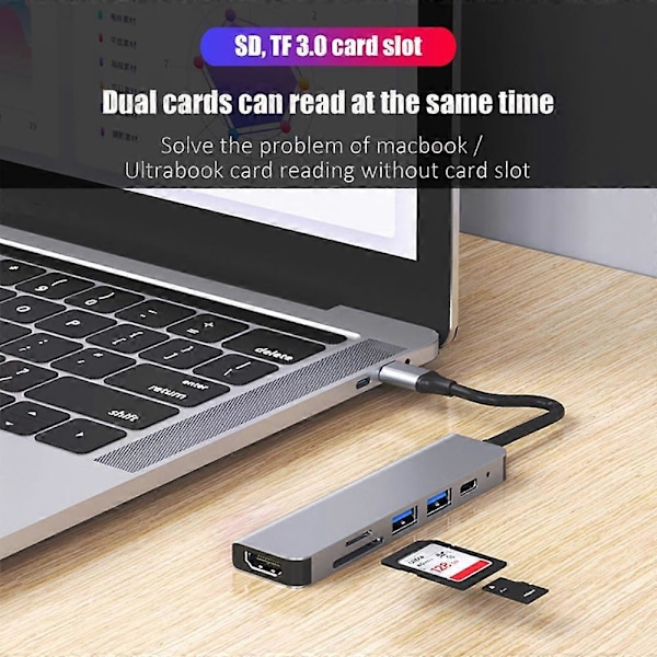 6-i-1 USB C Hub Typ C Adapter till 4K HDMI SD TF-kort PD Snabbladdning Splitter Typ C Dockningsstation för PC Laptop