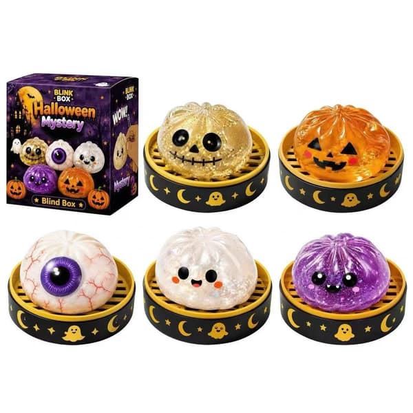 1 Halloween \"Dumpling\" – Spooky-tema squishy legetøj med en dampkurv (sødt bolledesign, tilfældig farve)