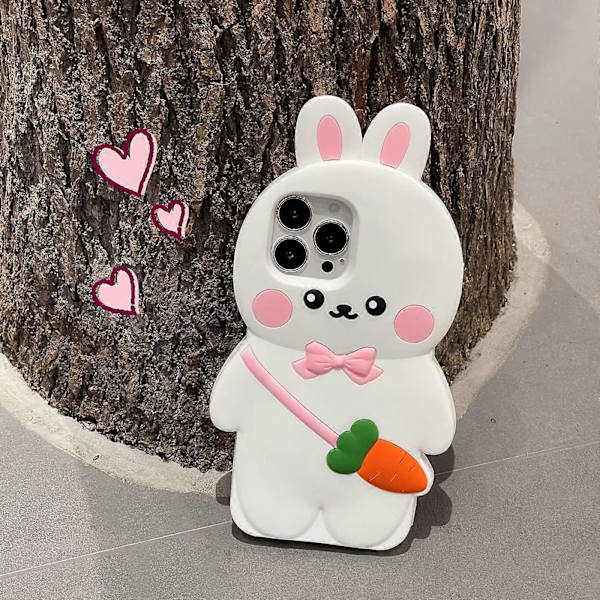 Kawaii-puhelimen kuoret iPhone 13 Pro Maxille, söpö 3D-piirretty pupu puhelimen suojus pehmeä silikoninen hauska valkoinen pupu porkkana-laukku kotelo