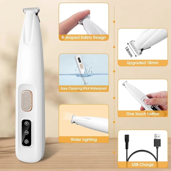 Hundefødtrimmer, Opgraderet 18mm Blad Vandafvisende Mikro Præcisionstrimmer, Elektrisk Hundefrisør til Pelsbehandling, Genopladelig Hårtrimmer til Poter, E