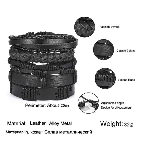 5-pak Håndlavede Læderarmbånd Mænds Armbånd Sort Sort