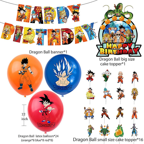 Dragon Ball Tema Børnefødselsdagsfest Tilbehør Balloner Banner Kage Toppers Dekorationssæt