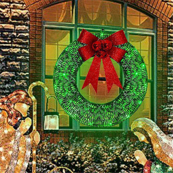 Forudbelyst Udendørs Julekrans Dekoration, Julepynt Udendørs Hellig Julekrans Med Lys Grøn