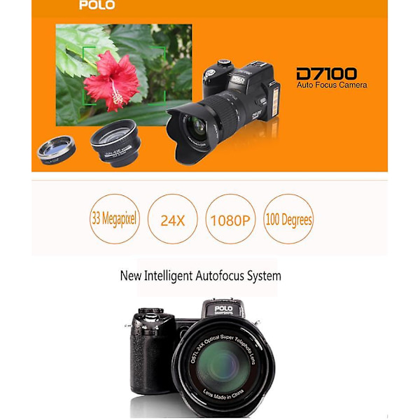 2021 Digitalkamera POLO D7100 33 millioner piksler Autofokus Profesjonelt SLR Videokamera 24x Optisk Zoom med Tre Objektiver