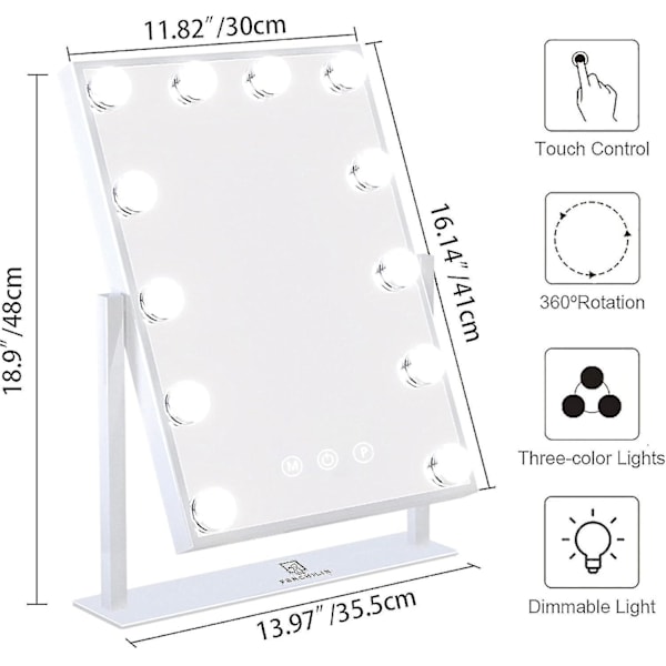 Hollywood-peili 12 LED-lampullaa, 3 väritilaa (vain lamput)
