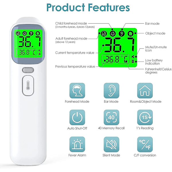 Pande & Øre Termometer, Kontaktløs Infrarød Termometer Til Børn & Voksne, Medicinsk Termometer Med Feberalarm, Digitalt Termometer