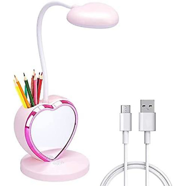 LED skrivebordslampe for barn, liten skrivebordslampe med USB-ladingspورت og pennholder og telefonstativ