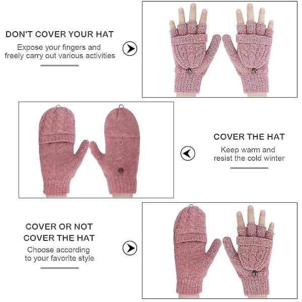 Damer Handsker Fingerløse Vanter - Dame Handsker Vinter Varme Strikket Fingerløse Handsker Uld Vanter Flap Cover Tekstning Handsker Pink