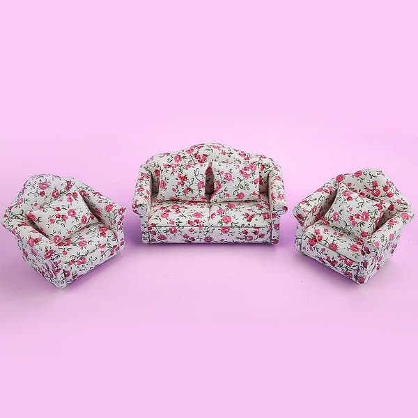 1/12 skala dockhus mini möbler soffa set med ryggkuddar - Blommönster #2