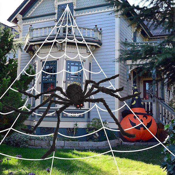 200\" Halloween Spindelvev + 59\" Kjempe Spindel Dekorasjoner Falsk Spindel med Trekantet Stort Spindelvev for Innendørs Utendørs Halloween Dekorasjoner Hage Hjem