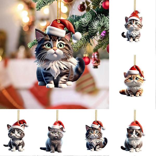 6 st julgransdekorationer 2D tecknade kattberlocker hängande akryl prydnader för jul hem bil dekoration