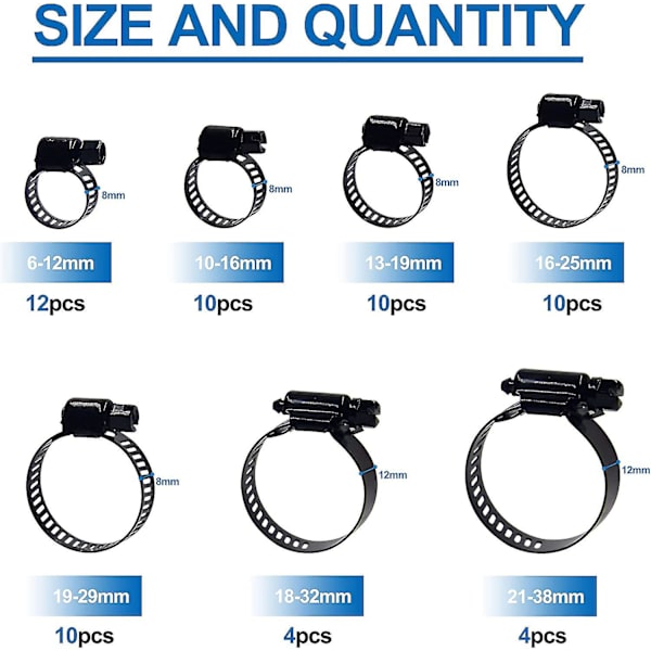 60 stk. Slangeklemmer med Snekkegear, Assorteret, Rustfrit Stål, Justerbar Rækkevidde 6-38 mm (sort) -yvan